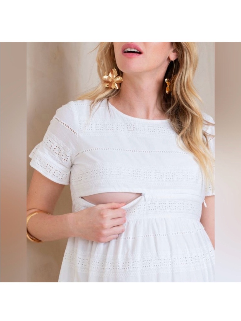 White Maternity Dress Eyelet Lace Frill  100% Cotton by Seraphine SZ 10 Nursing - Picture 3 of 16